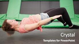  Presentation with young athletes box jumping - Beautiful presentation design featuring young woman jumps on trampoline backdrop and a gray colored foreground