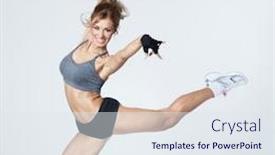  Presentation with aerobics - Slides having young woman jumps while making aerobics exercises on gray background background and a sky blue colored foreground
