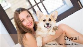  Presentation with welsh - Slides enhanced with young woman keeping welsh corgi puppy near her face background and a coral colored foreground