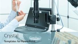  Presentation with checks - Presentation theme having young-woman-laboratory-assistant-checks background and a light blue colored foreground