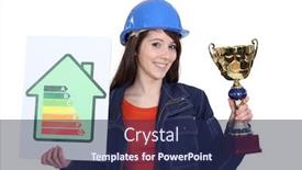  Presentation with rating - PPT theme having young woman laborer with energy rating sign and gold cup background and a navy blue colored foreground