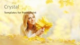  Presentation with dry - Cool new slide set with young woman laying down on the ground covered dry autumnal foliage in beautiful park backdrop and a cream colored foreground