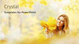  Presentation with dry - Theme with young woman laying down on the ground covered dry autumnal foliage in beautiful park background and a blonde colored foreground