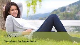  Presentation with lake front - Audience pleasing slides consisting of young woman laying in a meadow in front of a lake backdrop and a yellow colored foreground