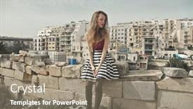  Presentation with destroyed city - Presentation consisting of young-woman-leaning-against background and a gray colored foreground