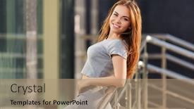  Presentation with railing - Audience pleasing PPT layouts consisting of young-woman-leaning-on-railing backdrop and a coral colored foreground