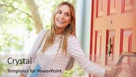  Presentation with lunch - Amazing presentation design having doors closing - young woman leaving home backdrop and a soft green colored foreground