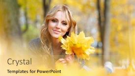  Presentation with maple leaves - Colorful PPT theme enhanced with young-woman-lies-in-maple backdrop and a yellow colored foreground