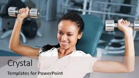  Presentation with lifting weights - Presentation enhanced with young woman lifting free weights background and a soft green colored foreground