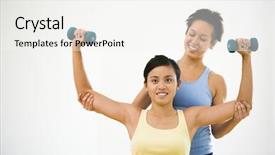  Presentation with lifting weights - Slides featuring young woman lifting hand weights while another woman helps position her arms background and a white colored foreground