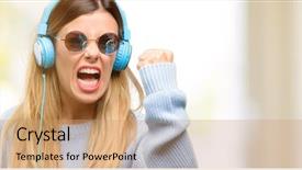  Presentation with music - PPT theme featuring young woman listen to music background and a coral colored foreground