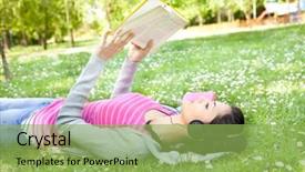  Presentation with music book - Theme enhanced with young woman listening music on the grass using headphones and reading book background and a yellow colored foreground