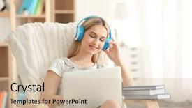  Presentation with audio book - Amazing slide deck having young woman listening to audio backdrop and a soft green colored foreground