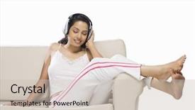  Presentation with listening woman - Slides with young woman listening to music background and a soft green colored foreground