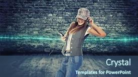  Presentation with listening woman - Presentation design having young woman listening to music background and a  colored foreground