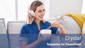  Presentation with chinese food - Presentation theme with young-woman-listening-to-music background and a ocean colored foreground