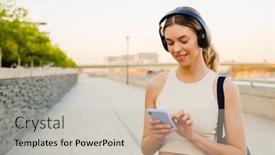  Presentation with music headphones - PPT layouts consisting of young-woman-listening-to-music background and a soft green colored foreground