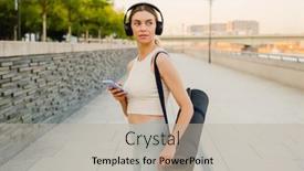  Presentation with music headphones - Presentation theme with young-woman-listening-to-music background and a mint green colored foreground