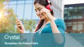  Presentation with listening woman - Slide deck with young woman listening to music background and a ocean colored foreground