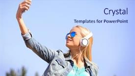  Presentation with 70s music - PPT theme consisting of young woman listening to music and makinf selfie on the sky background background and a sky blue colored foreground