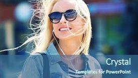  Presentation with sad woman walking - PPT layouts featuring young woman listening to music background and a ocean colored foreground