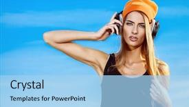  Presentation with listening woman - Colorful presentation theme enhanced with young woman listening to music backdrop and a light blue colored foreground