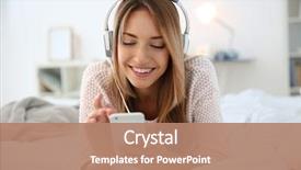  Presentation with listening woman - PPT theme with young woman listening to music background and a coral colored foreground