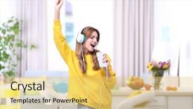  Presentation with listening woman - Slide deck consisting of young woman listening to music background and a yellow colored foreground