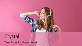  Presentation with listening woman - Cool new presentation theme with young woman listening to music backdrop and a coral colored foreground