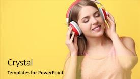  Presentation with listening woman - Slide deck having young woman listening to music background and a yellow colored foreground