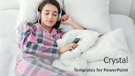  Presentation with music headphones - Presentation theme consisting of young woman listening to music background and a light gray colored foreground