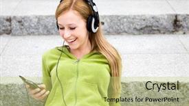  Presentation with listening woman - Presentation theme with young woman listening to music background and a yellow colored foreground