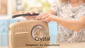  Presentation with frequency - Presentation design enhanced with young woman listening to radio background and a coral colored foreground