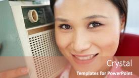  Presentation with radio - Audience pleasing PPT layouts consisting of young woman listening to radio backdrop and a coral colored foreground