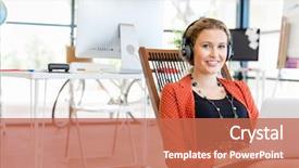  Presentation with computer music - Cool new theme with young woman listening to the music while working on a computer backdrop and a coral colored foreground