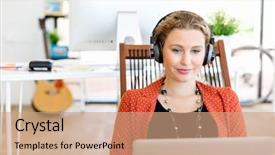  Presentation with computer music - Theme with young woman listening to the music while working on a computer background and a coral colored foreground