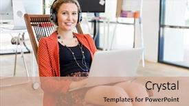 Presentation with computer music - Amazing slide set having young woman listening to the music while working on a computer backdrop and a coral colored foreground