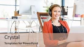  Presentation with computer music - Presentation theme enhanced with young woman listening to the music while working on a computer background and a coral colored foreground