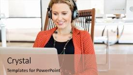  Presentation with computer music - PPT layouts having young woman listening to the music while working on a computer background and a coral colored foreground