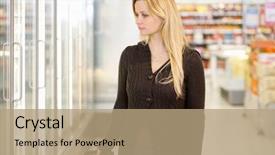  Presentation with supermarket refrigerator - Amazing theme having young woman looking at goods backdrop and a coral colored foreground