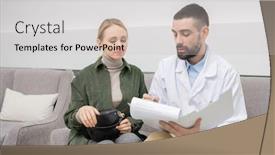  Presentation with questionnaire - Cool new slides with young-woman-looking-at-medical backdrop and a light gray colored foreground