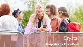  Presentation with music festival - Presentation design having young woman looking at mobile phone as she waits behind barrier at entrance to music festival site background and a coral colored foreground
