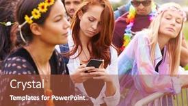  Presentation with festival music - Cool new PPT theme with young woman looking at mobile phone as she waits behind barrier at entrance to music festival site backdrop and a red colored foreground