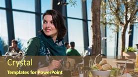  Presentation with lunch - Slide set with young woman looking happy while having lunch at luxury restaurant background and a tawny brown colored foreground