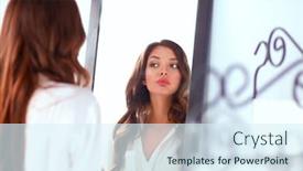 Presentation with mirror reflection - Amazing PPT layouts having young woman looking herself reflection in mirror at home backdrop and a sky blue colored foreground