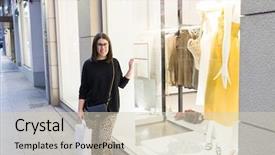  Presentation with looking glass - Amazing presentation theme having young woman looking store showcase backdrop and a soft green colored foreground