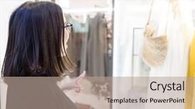  Presentation with looking glass - Beautiful presentation design featuring young woman looking store showcase backdrop and a coral colored foreground