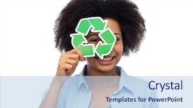  Presentation with energy conservation and recycle - Amazing PPT theme having young woman looking through recycle backdrop and a light blue colored foreground