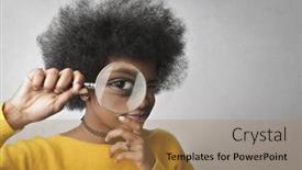  Presentation with magnifying glass - Slide deck having young-woman-looks-through background and a coral colored foreground