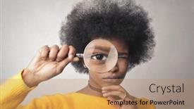  Presentation with magnifying glass - Audience pleasing PPT theme consisting of young-woman-looks-through backdrop and a coral colored foreground